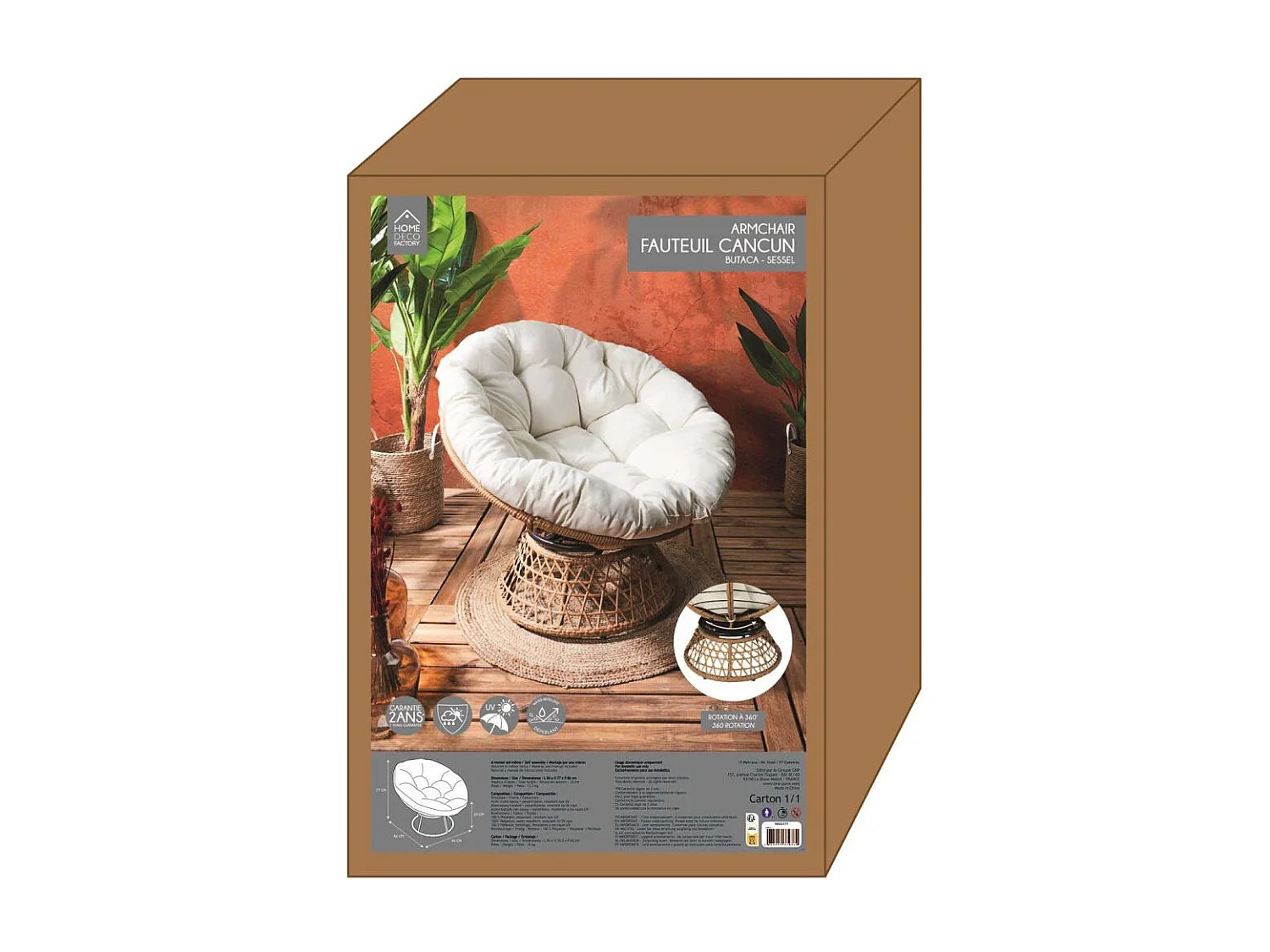Fauteuil Cancun Coussin Blanc Marron, Beige