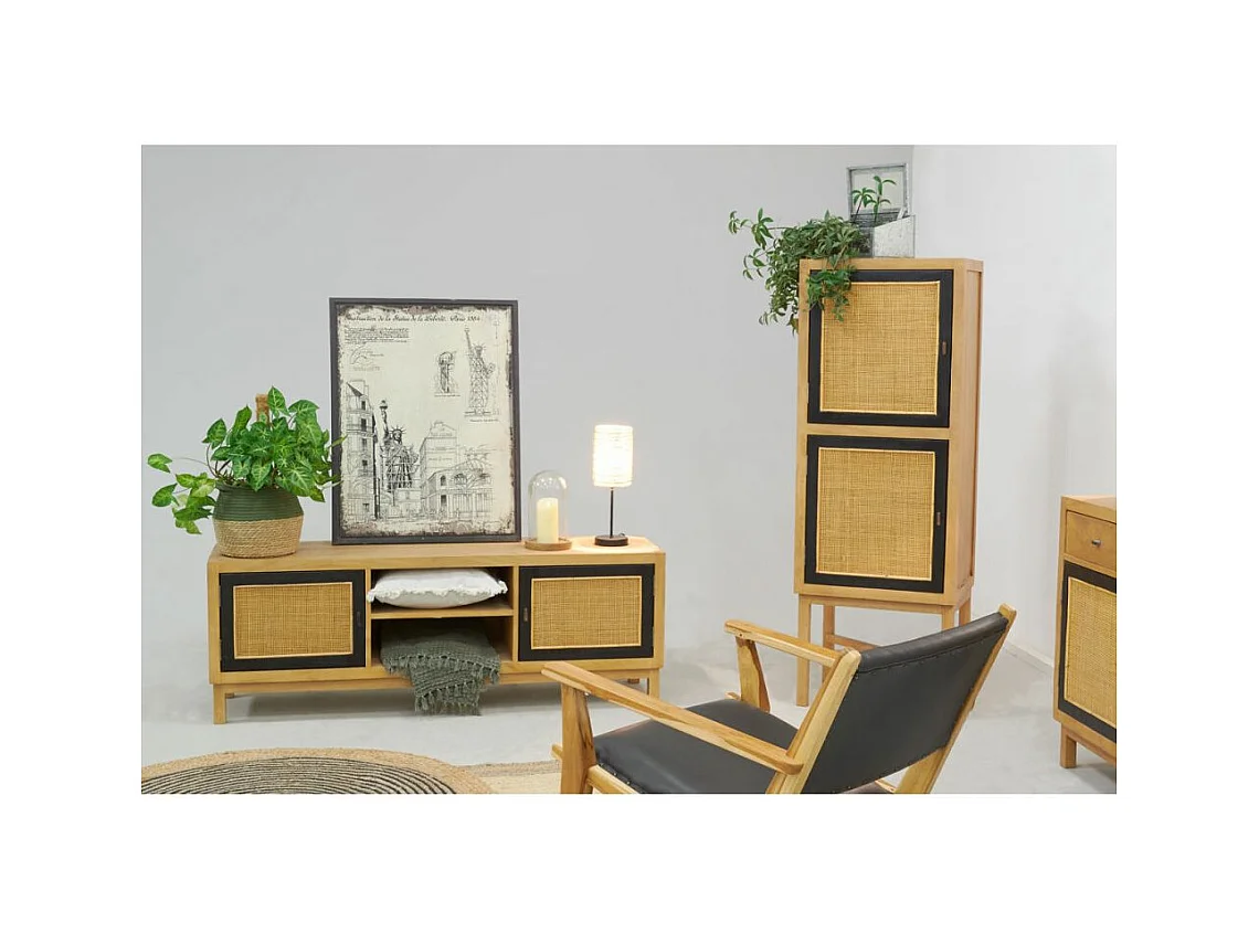 Meuble TV en manguier et cannage