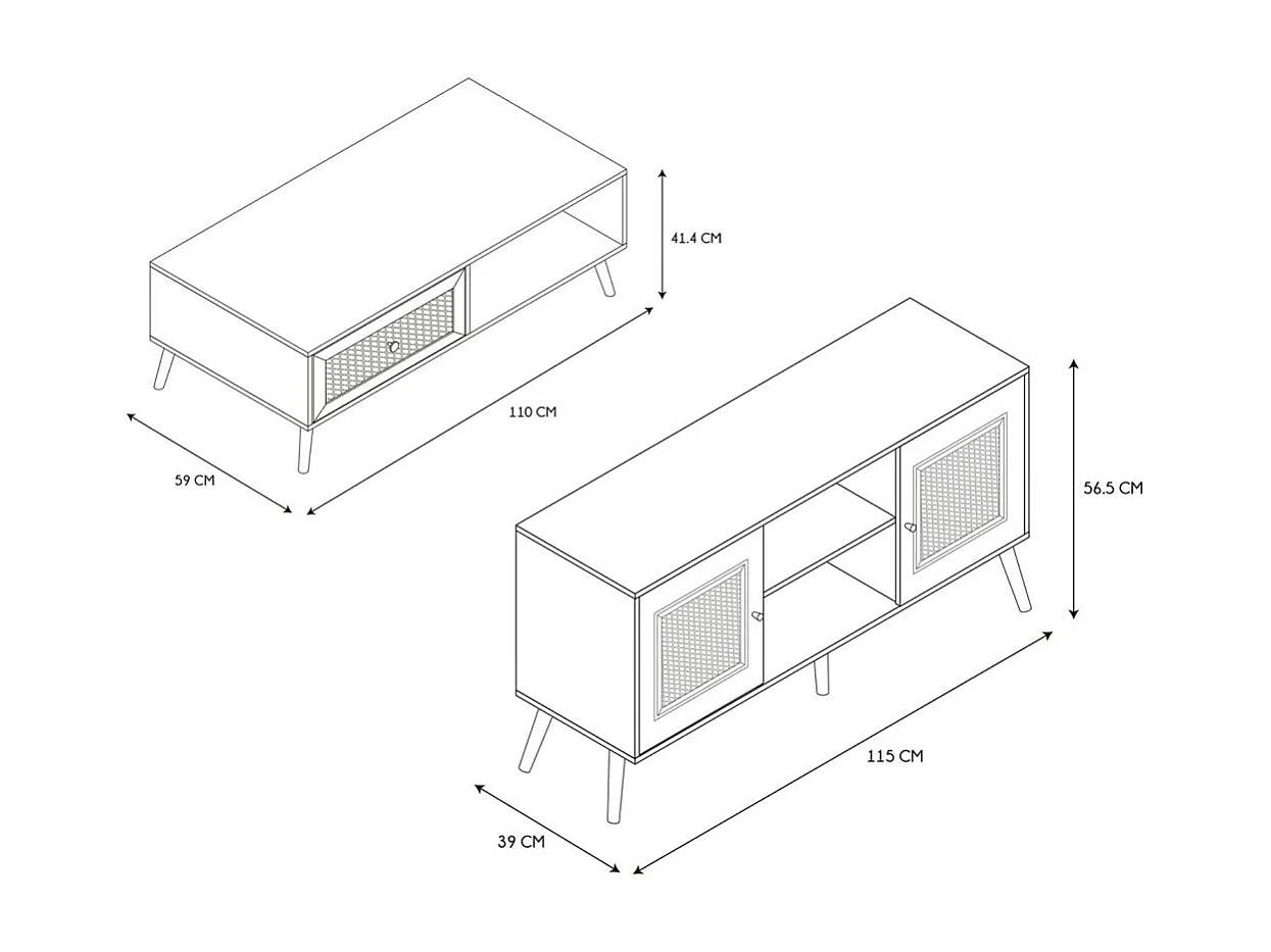 Set meuble TV en bois 2 portes et table basse 1 tiroir Bali