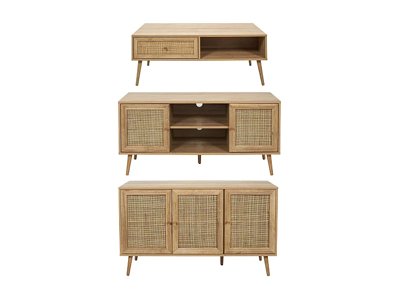 Set buffet 3 portes + meuble TV en bois 2 portes et table basse 1 tiroir Bali