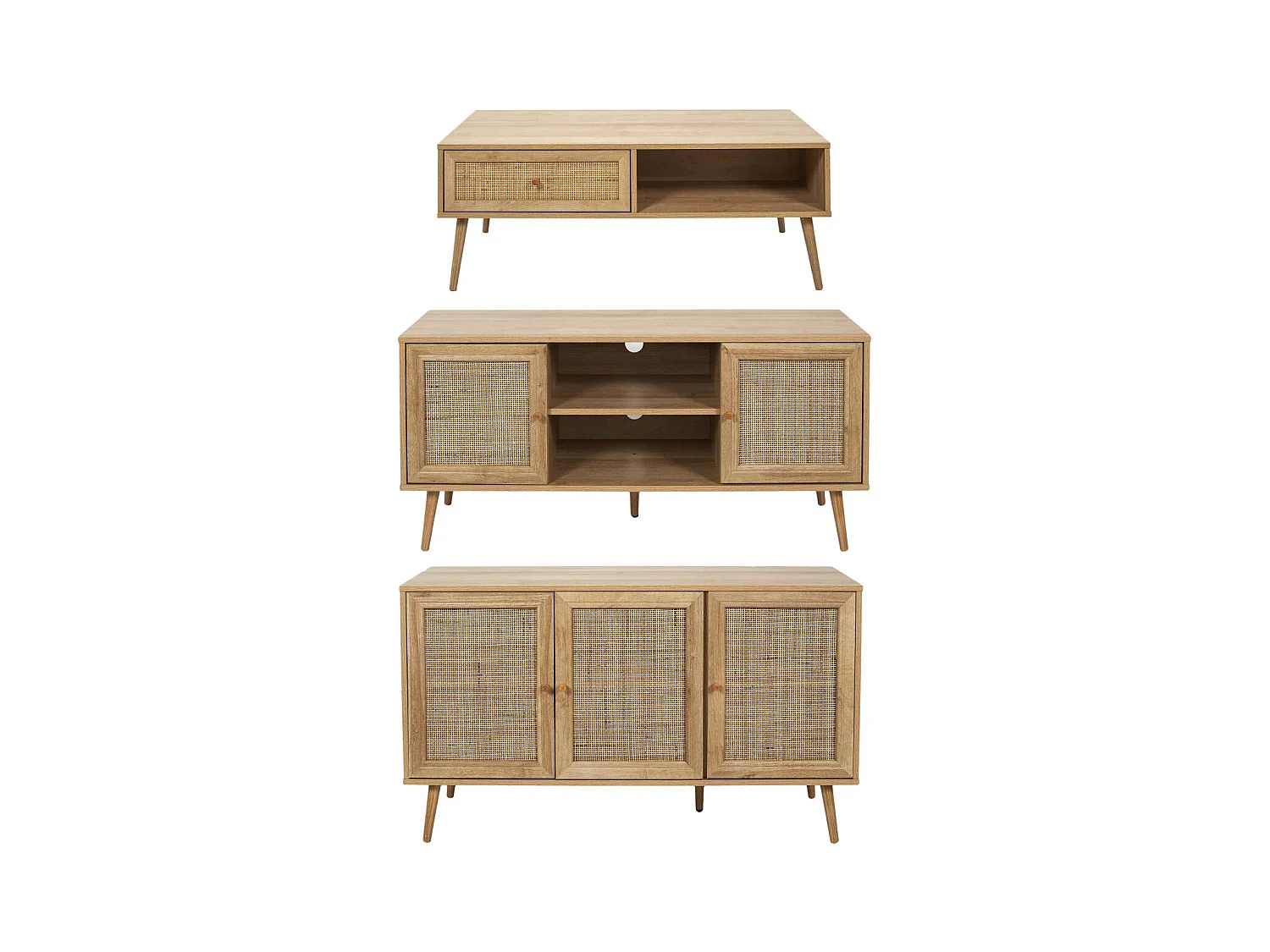 Set buffet 3 portes + meuble TV en bois 2 portes et table basse 1 tiroir Bali