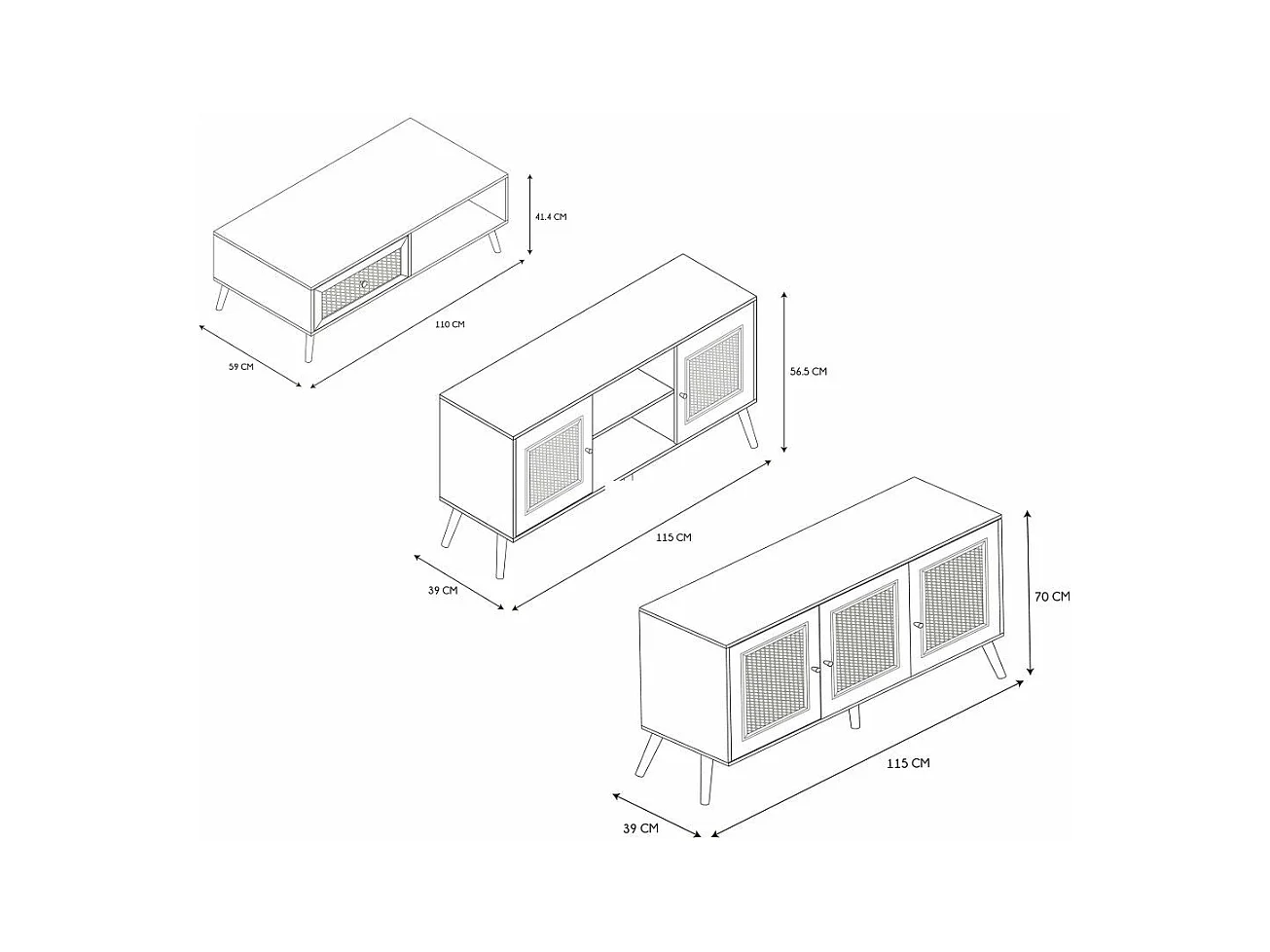 Set buffet 3 portes + meuble TV en bois 2 portes et table basse 1 tiroir Bali
