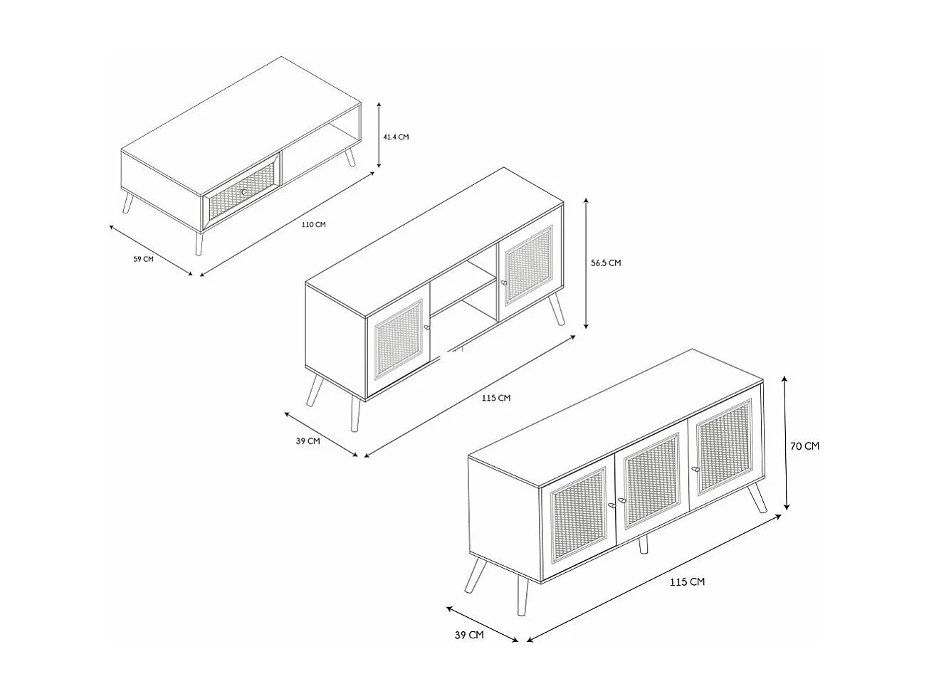 Set buffet 3 portes + meuble TV en bois 2 portes et table basse 1 tiroir Bali