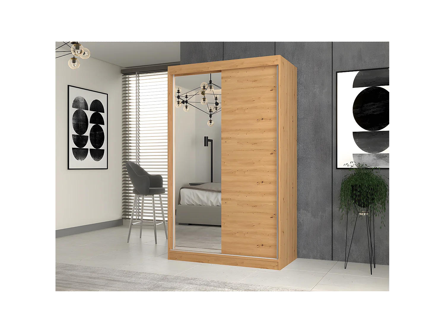 PAOLO - Armoire à 2 portes coulissantes - 1 miroir - L. 120 cm - Dressing de chambre 2 portes