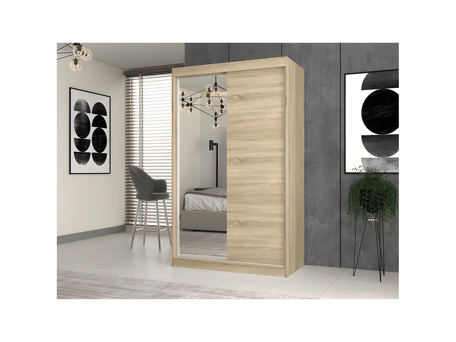PAOLO - Armoire à 2 portes coulissantes - 1 miroir - L. 120 cm - Dressing de chambre 2 portes