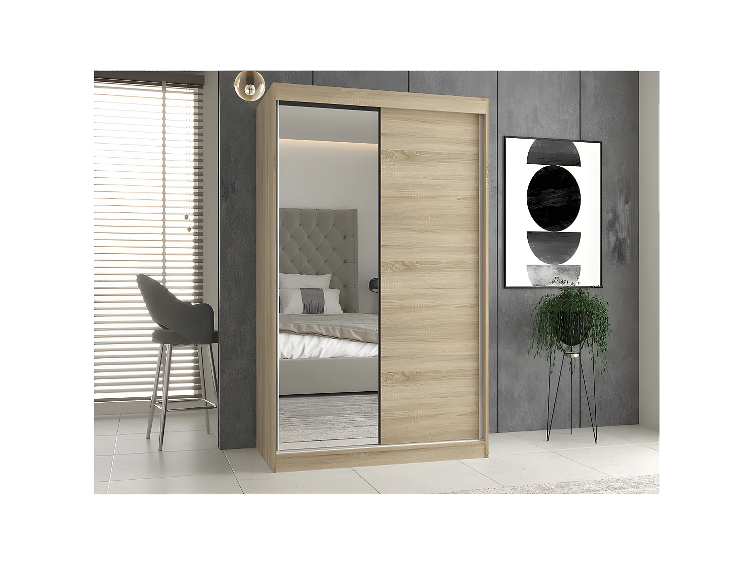 PAOLO - Armoire à 2 portes coulissantes - 1 miroir - L. 120 cm - Dressing de chambre 2 portes