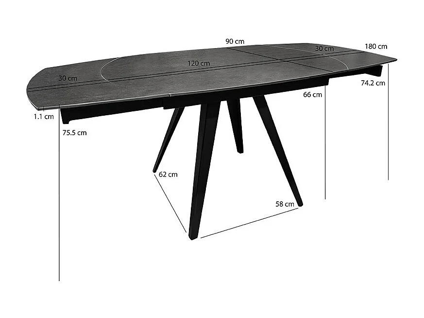Table extensible ovale 120/180 cm céramique gris anthracite - ADELPHIA
