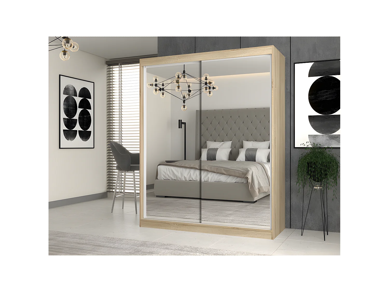 PAOLO - Armoire à 2 portes coulissantes - 2 miroirs - L. 160 cm - Dressing de chambre 2 portes