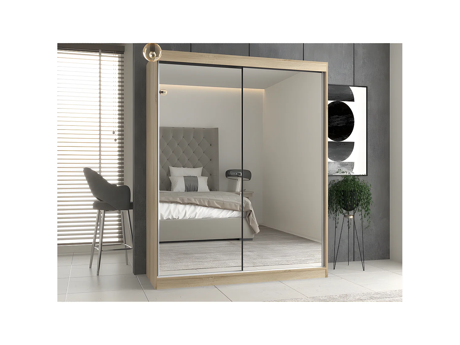 PAOLO - Armoire à 2 portes coulissantes - 2 miroirs - L. 160 cm - Dressing de chambre 2 portes