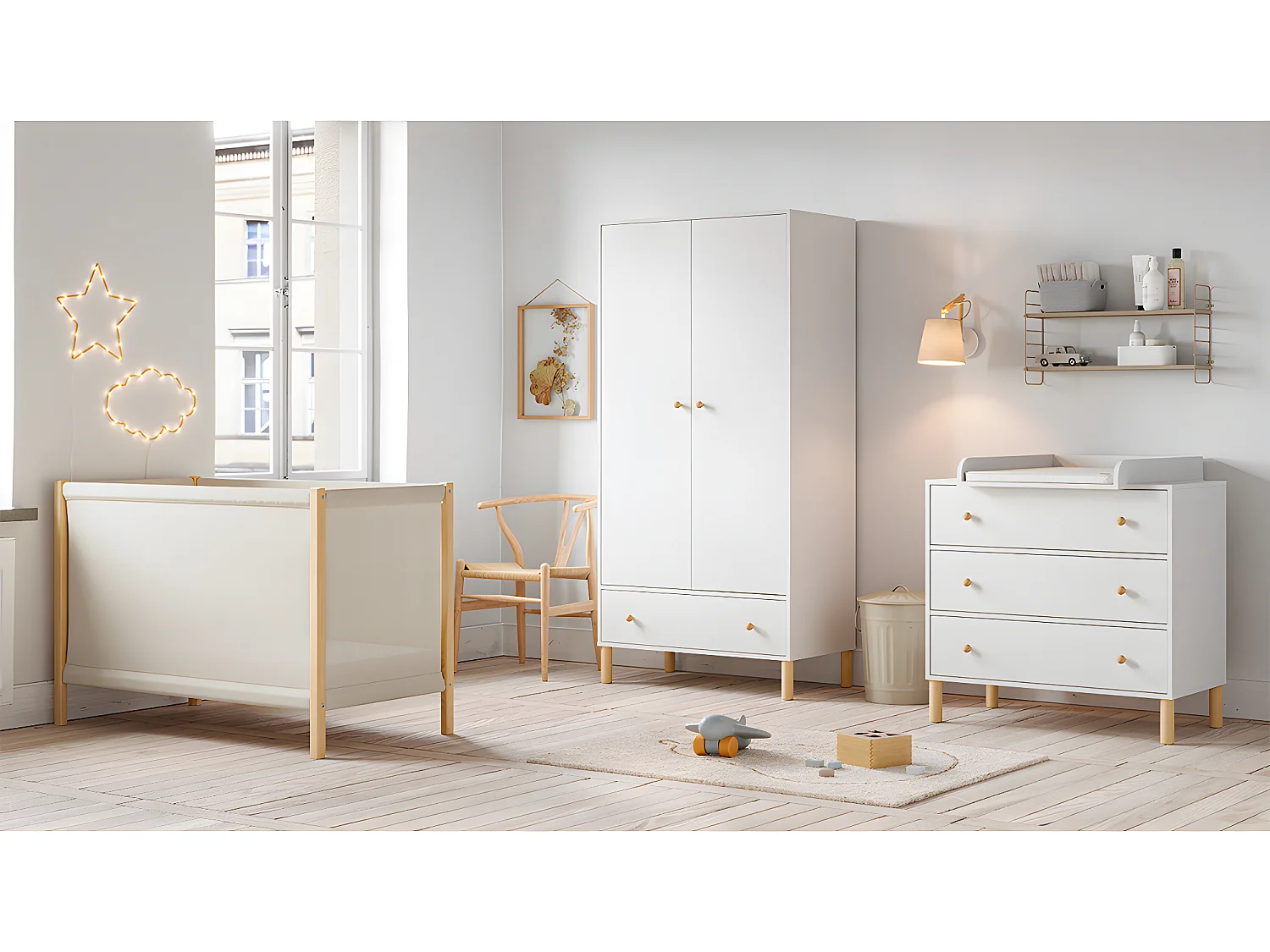Chambre complète lit bébé 60x120 commode à langer et armoire 2 portes 1 tiroir Tela - Blanc