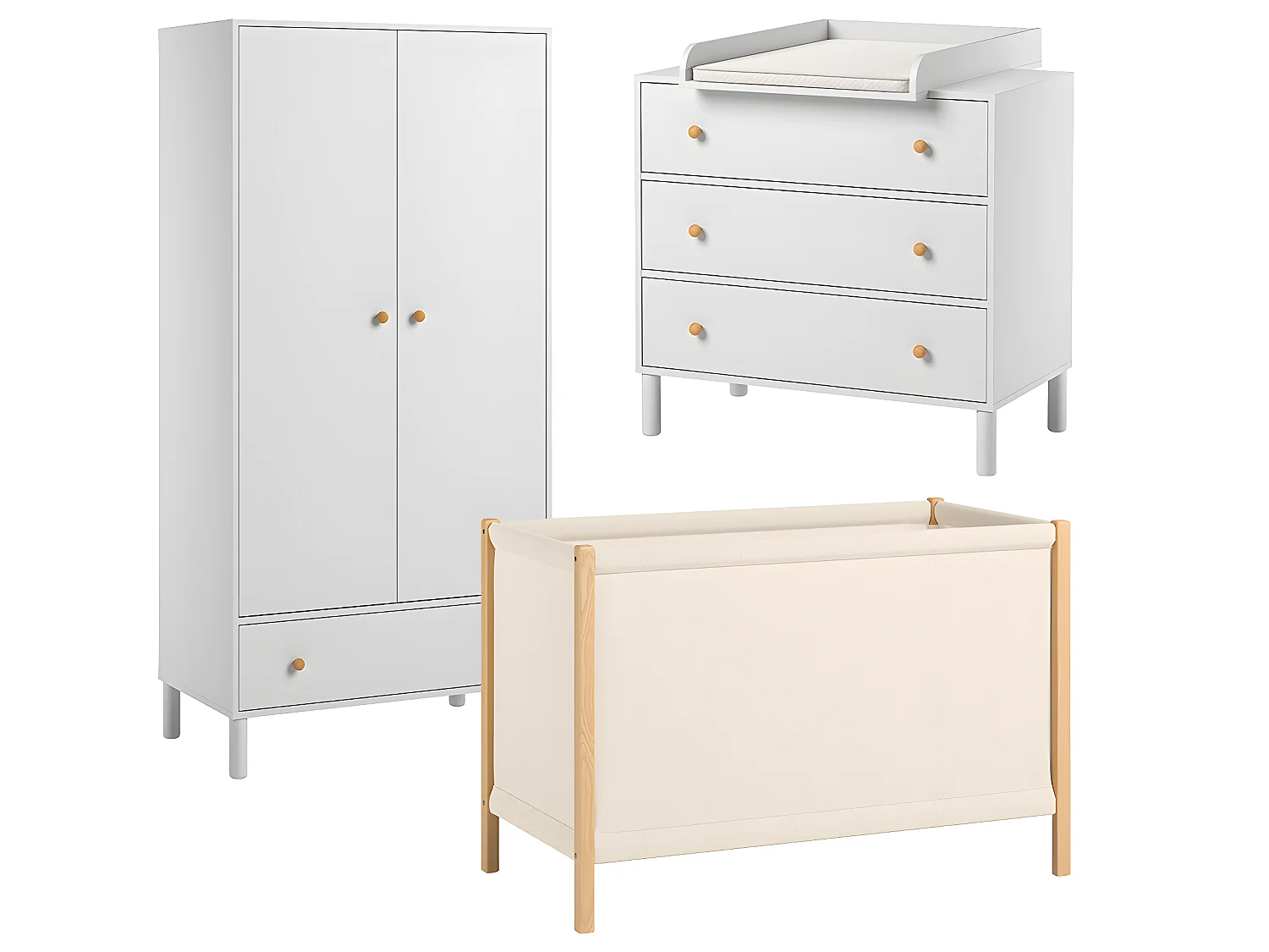 Chambre complète lit bébé 60x120 commode à langer et armoire 2 portes 1 tiroir Tela - Blanc