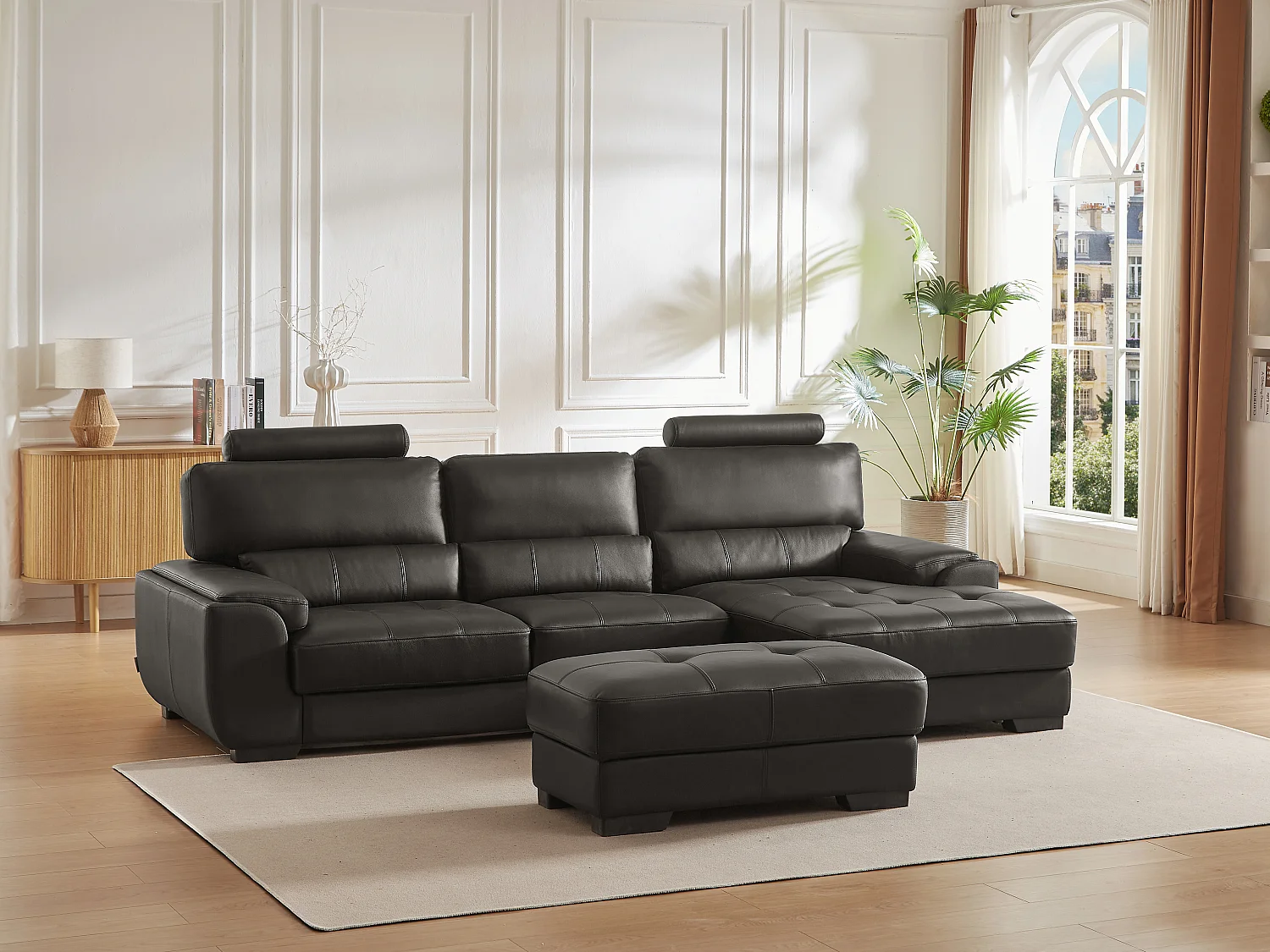 Canapé d'angle et pouf en cuir METROPOLITAN II - Noir - Angle droit