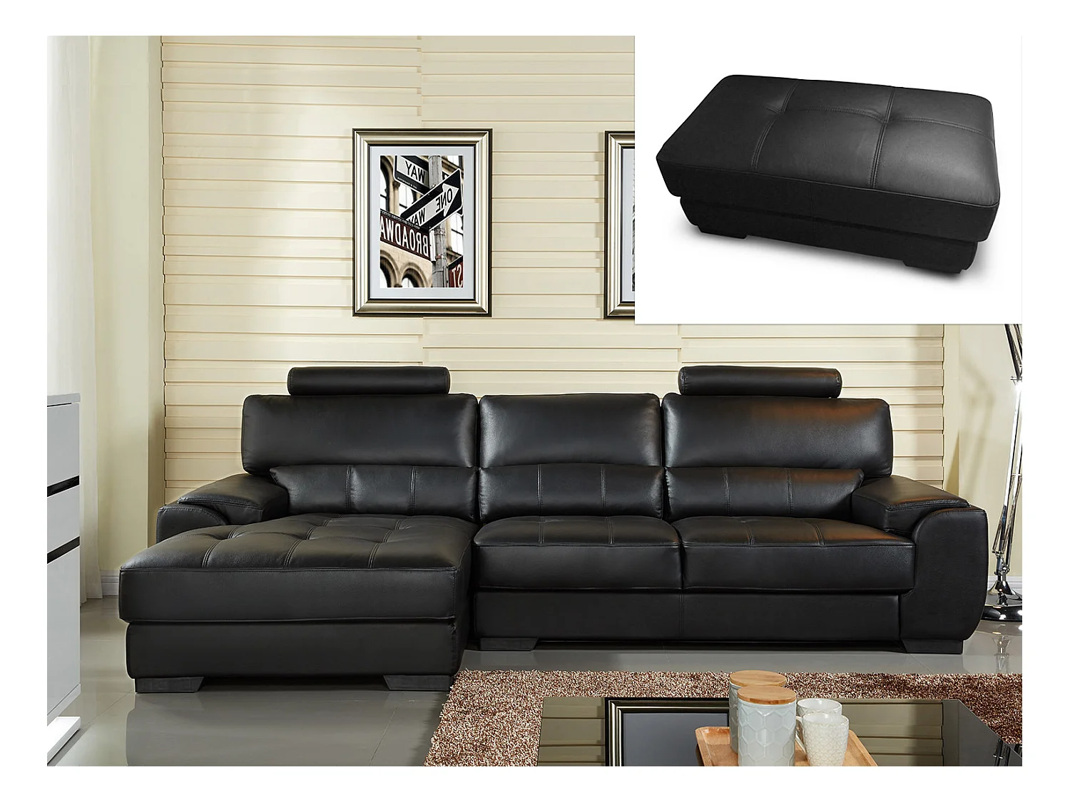 Ecksofa Leder & Sitzhocker - Ecke Links - Schwarz - METROPOLITAN II