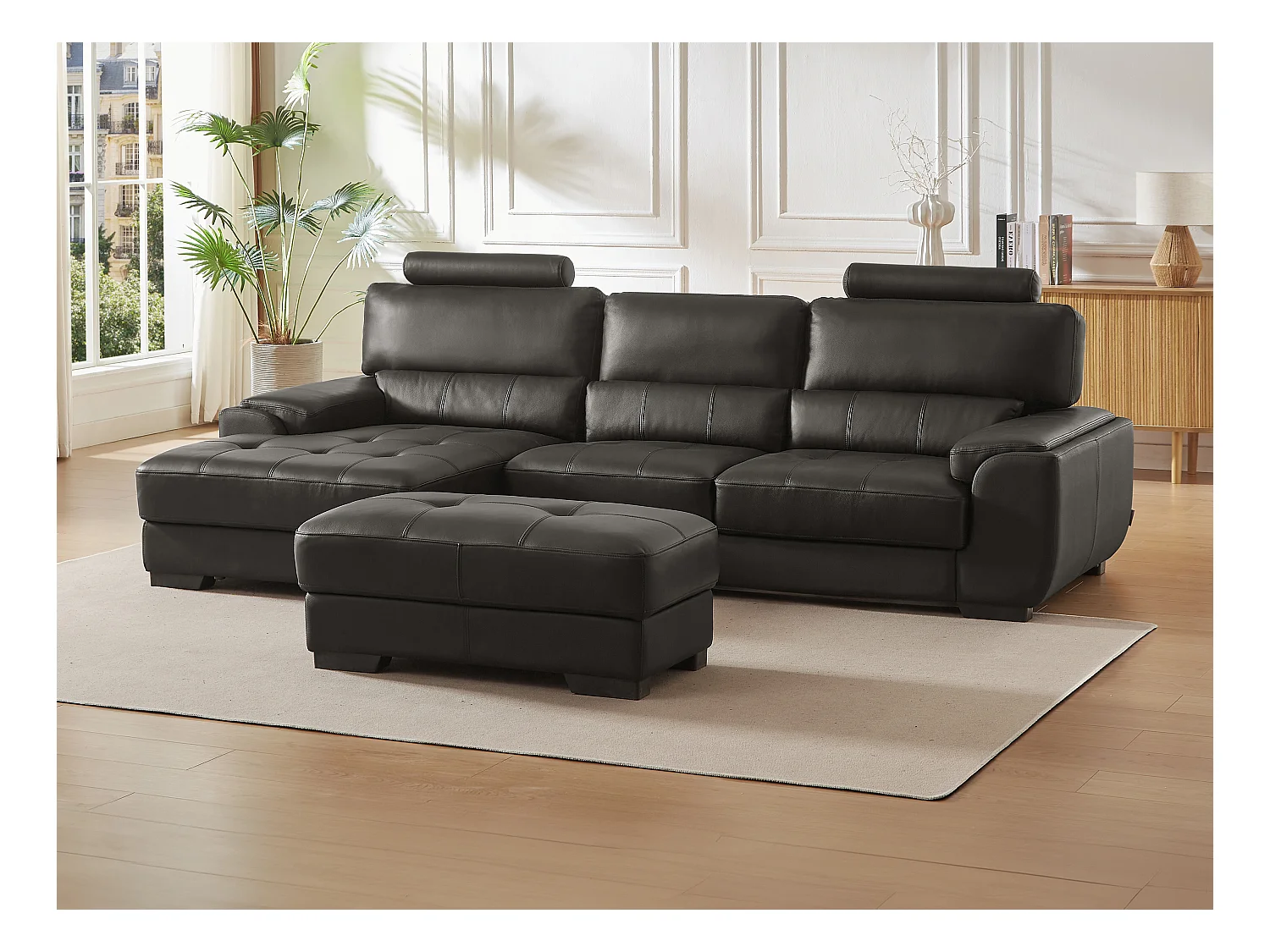 Canapé d'angle et pouf en cuir METROPOLITAN II - Noir - Angle gauche