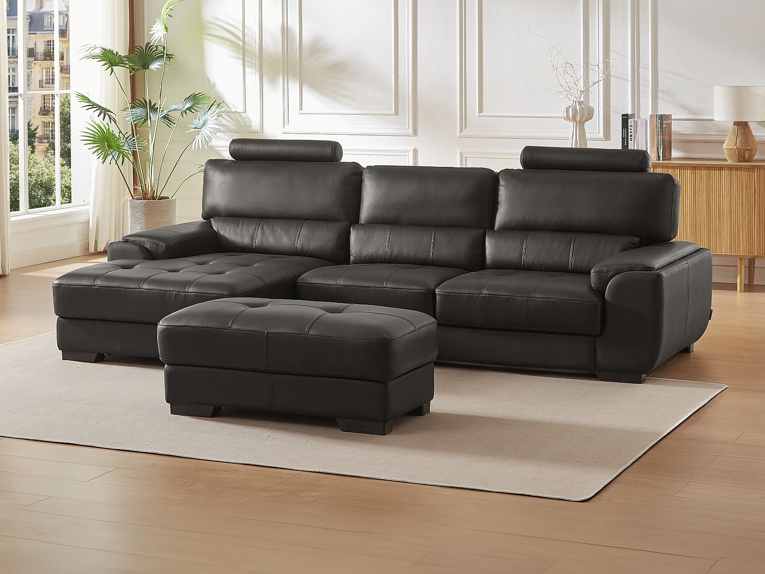 Vente-unique Ecksofa Leder & Sitzhocker - Ecke Links - Schwarz - Metropolitan Ii