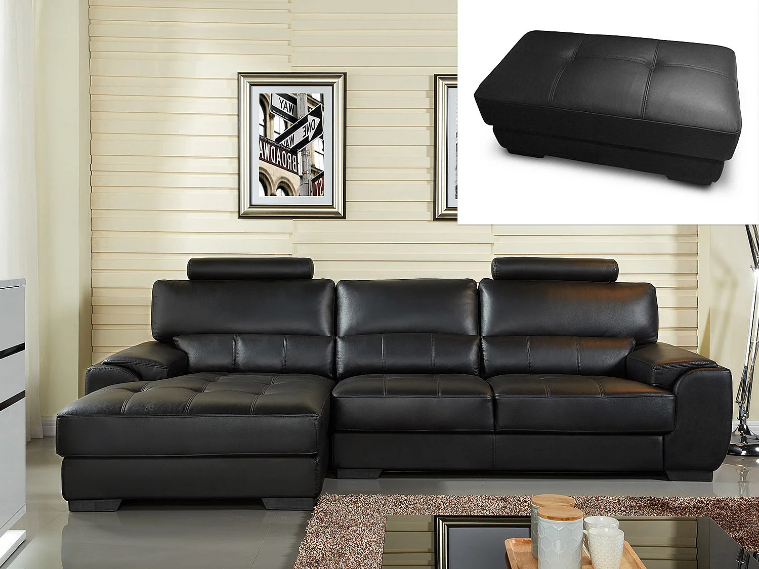 Ecksofa Leder & Sitzhocker - Ecke Links - Schwarz - METROPOLITAN II