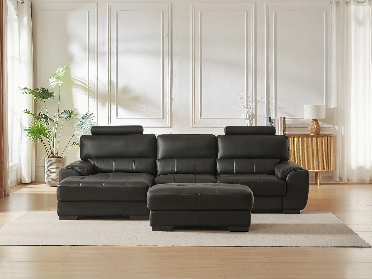 Hoekbank en poef van leer METROPOLITAN II - zwart - hoek links