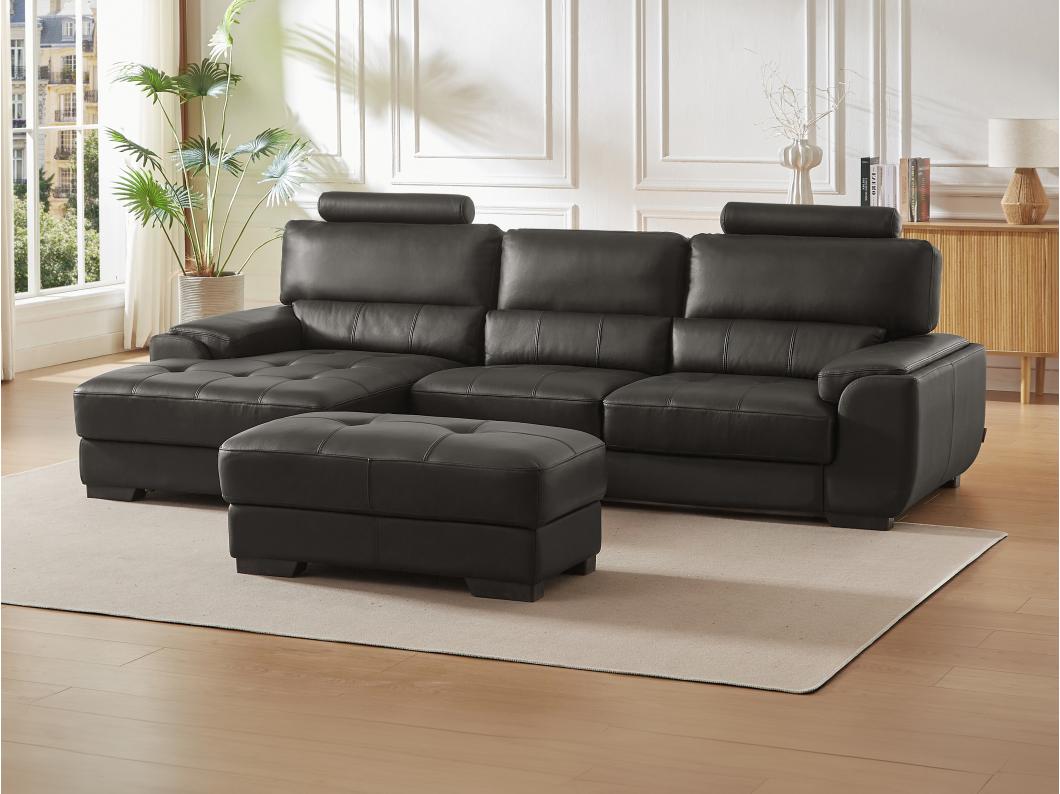 Ecksofa Leder & Sitzhocker - Ecke Links - Schwarz - METROPOLITAN II