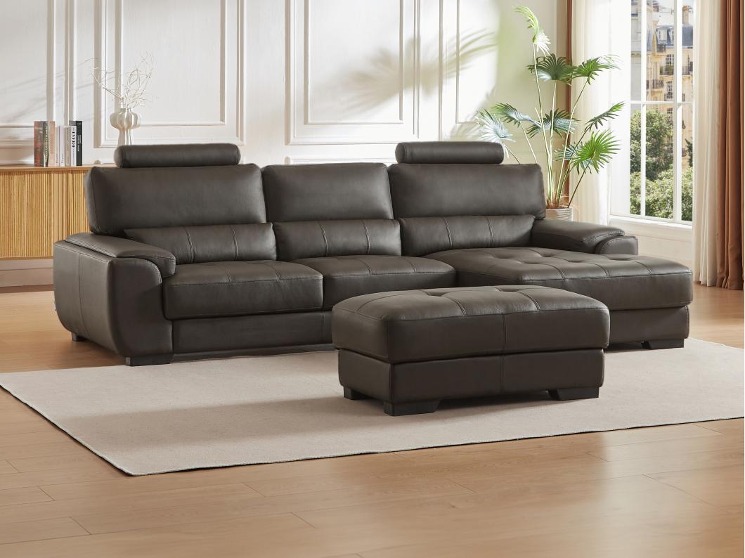 Ecksofa Leder & Sitzhocker - Ecke Rechts - Braun - METROPOLITAN II