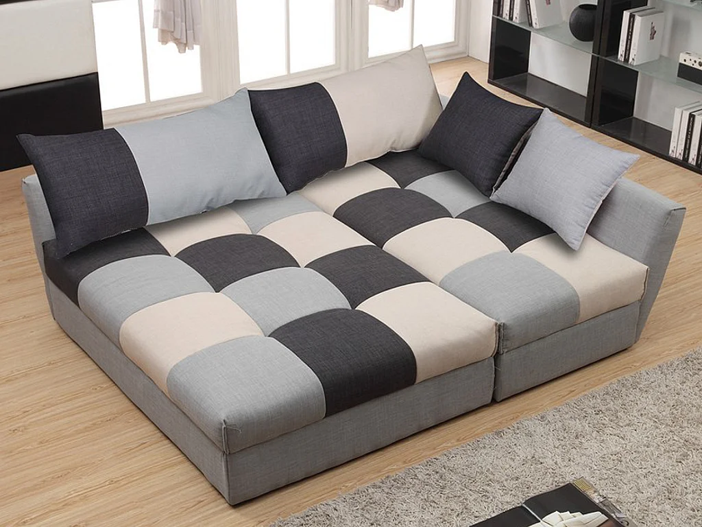 Canapé d'angle convertible en tissu ROMANE - Gris - Angle droit
