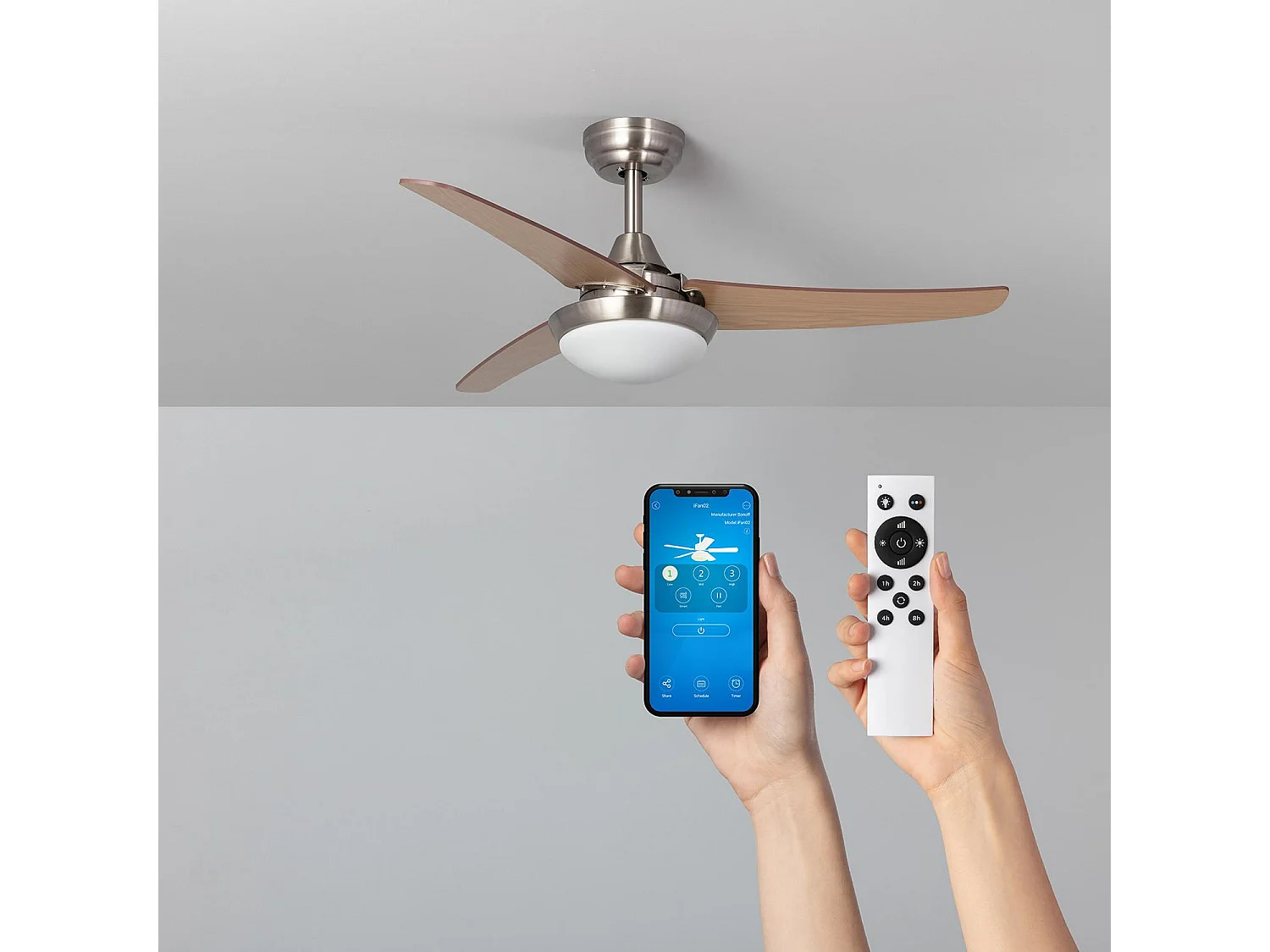 Ventilateur de Plafond Silencieux Neil Bois 107cm Moteur DC WiFi Argent CCT , , Wifi: True