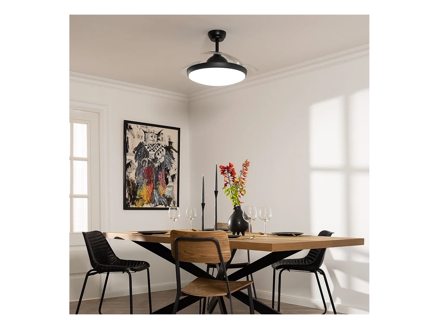 Ventilador de Techo Retráctil Silencioso Kourak Negro 106cm Motor DC Negro Seleccionable (Cálido-Neutro-Frío) Mando RF Wifi: