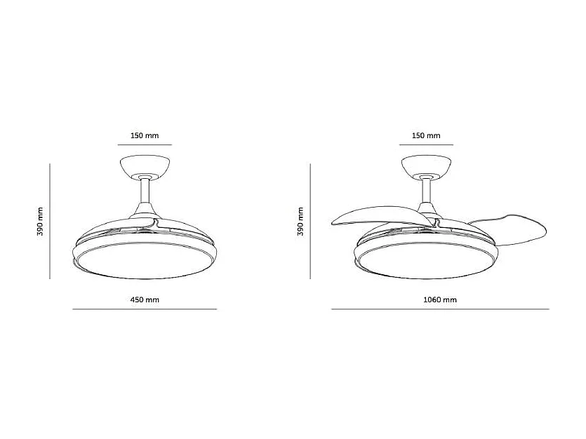 Ventilateur de Plafond Rétractable Silencieux Kourak Noir 106cm Moteur DC Noir Sélectionnable (chaud-neutre-froid) , Télécommande RF, Wifi: