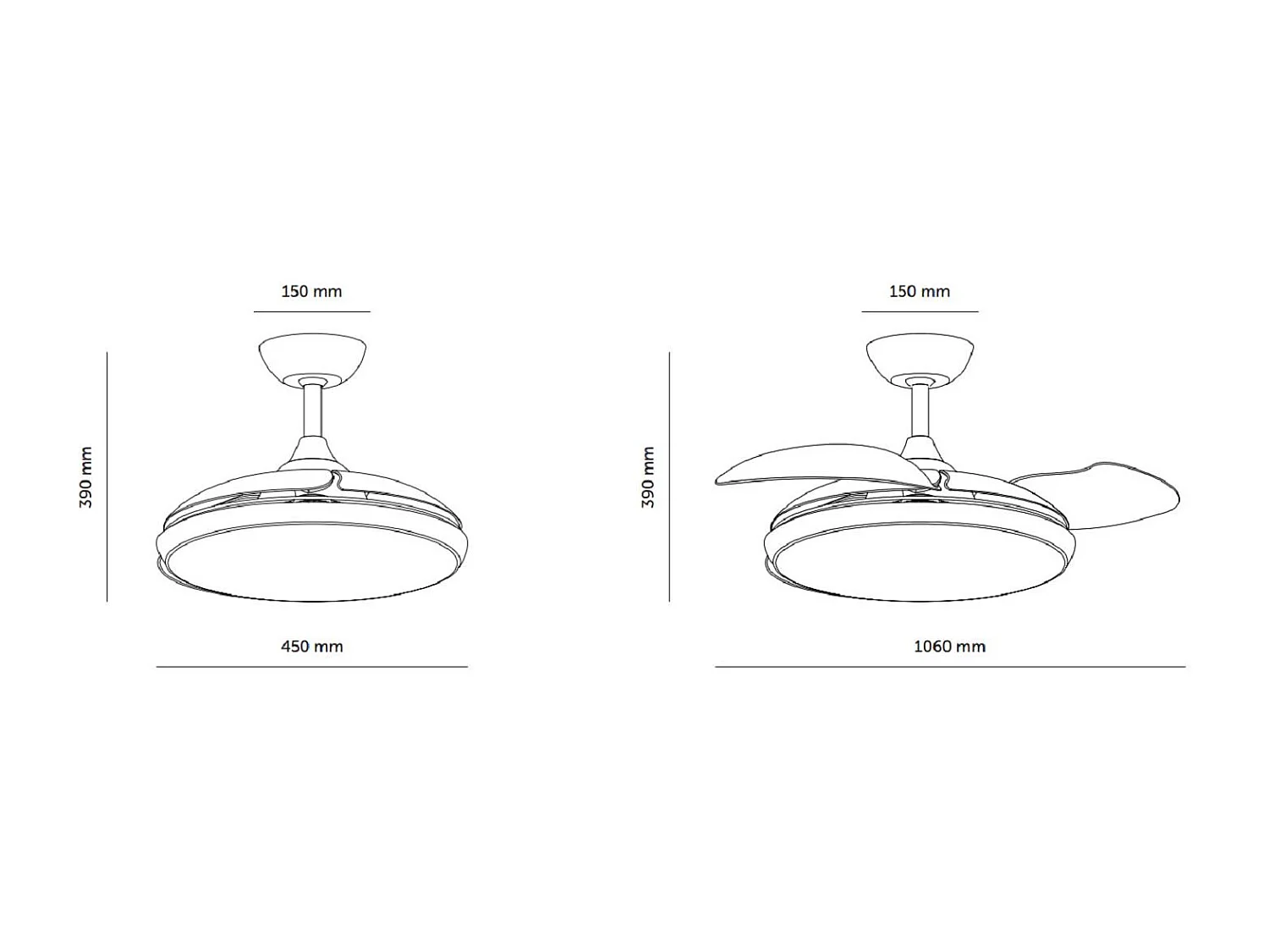 Ventilateur de Plafond Rétractable Silencieux Kourak Noir 106cm Moteur DC Noir Sélectionnable (chaud-neutre-froid) , Télécommande RF, Wifi: