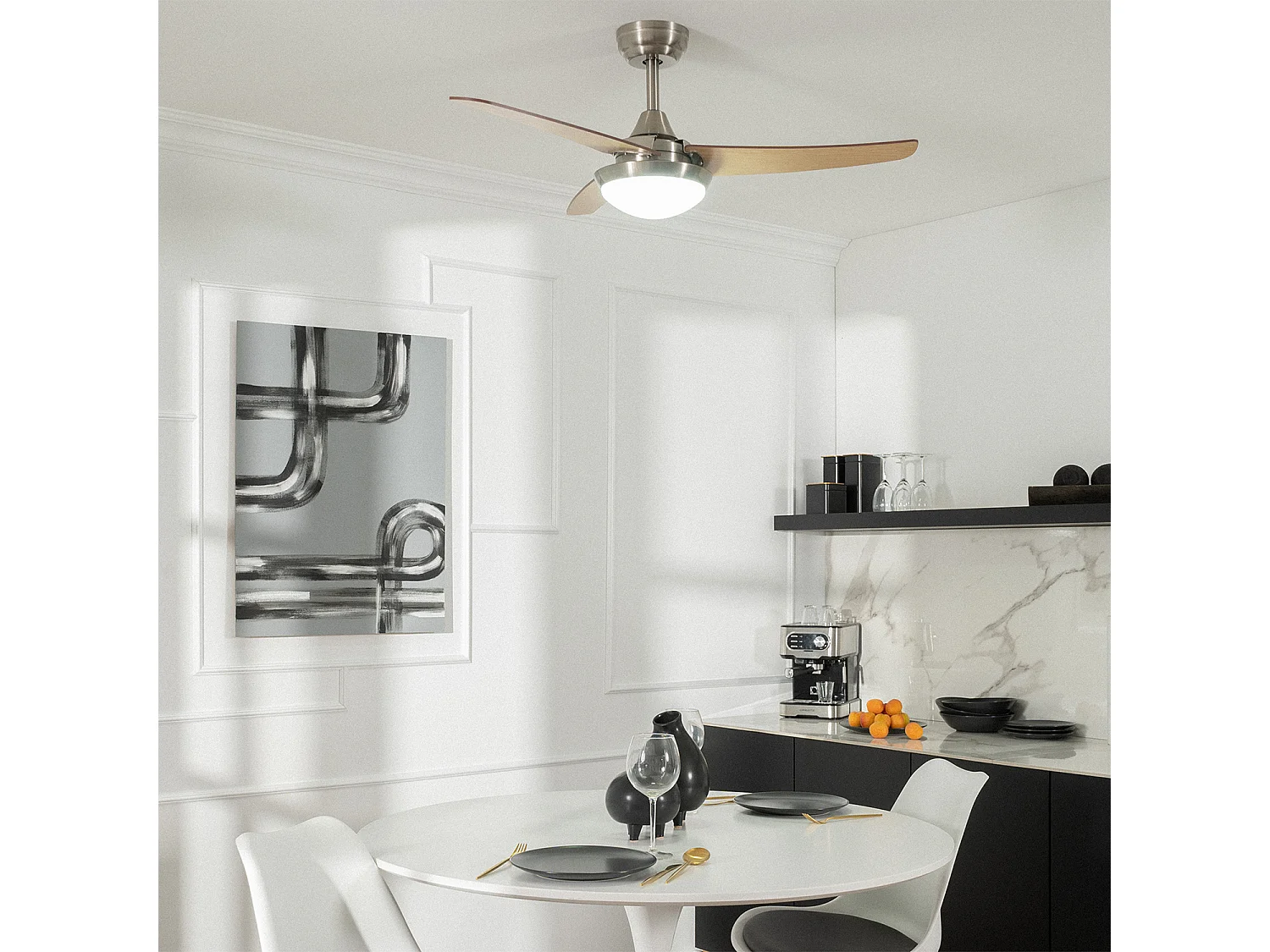 Ventilateur de Plafond Silencieux Neil Bois 107cm Moteur DC Argent CCT , Télécommande RF, Wifi: