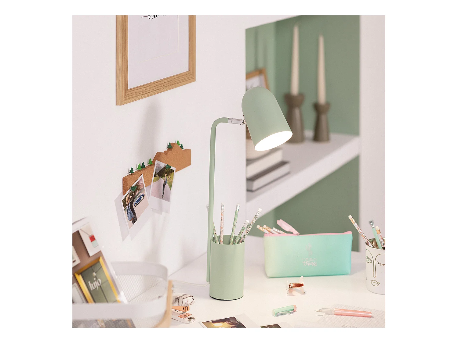 Lámpara Flexo Escritorio de Metal con Portalápices Waal Verde Celadón