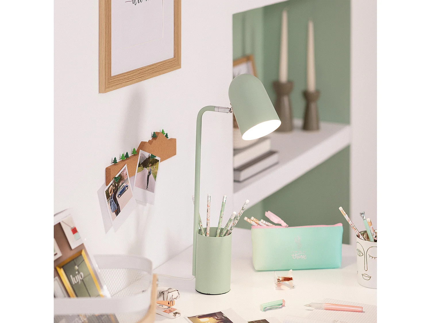 Lampe de Bureau Flex Métal avec Porte-Crayons Waal  Vert Céladon