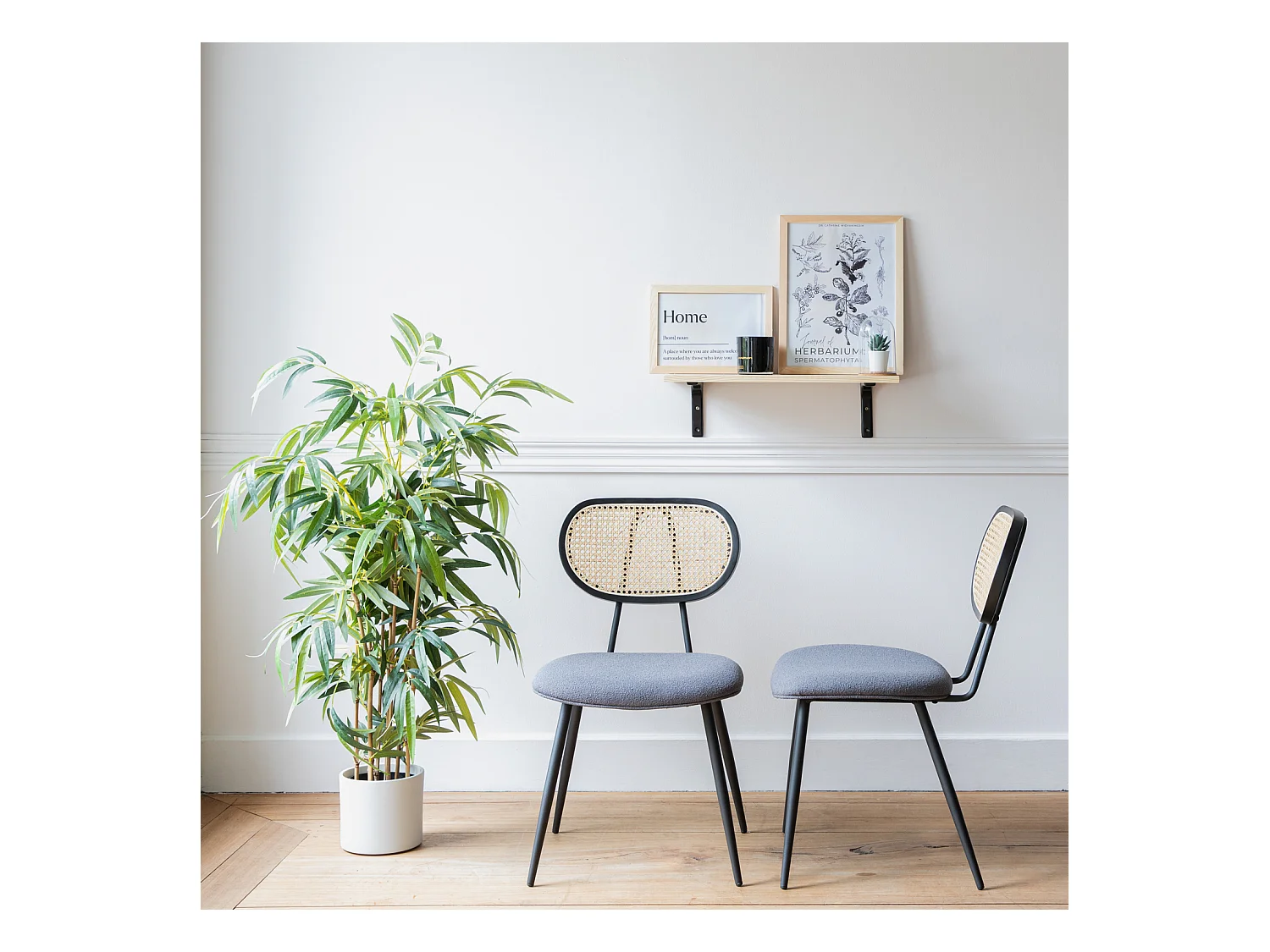 Conjunto de 2 cadeiras de cana e tecido de laço cinzento ELENA