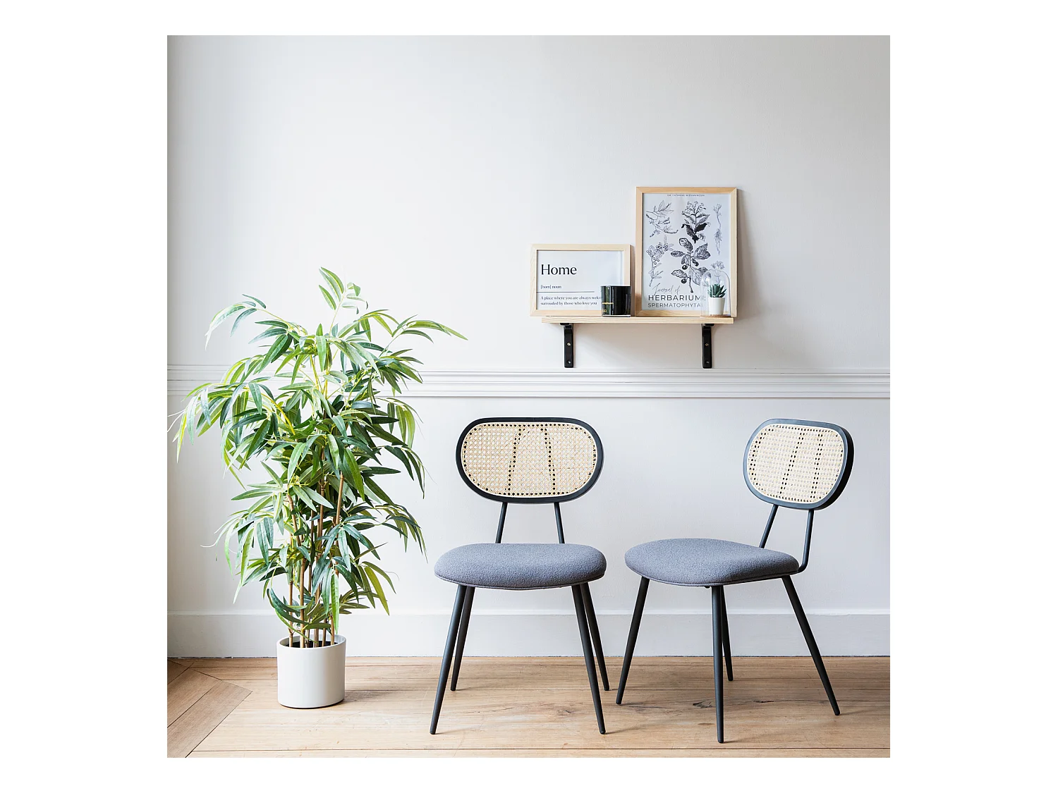 Lot de 2 chaises en cannage et tissu boucle gris ELENA - HAPPY GARDEN
