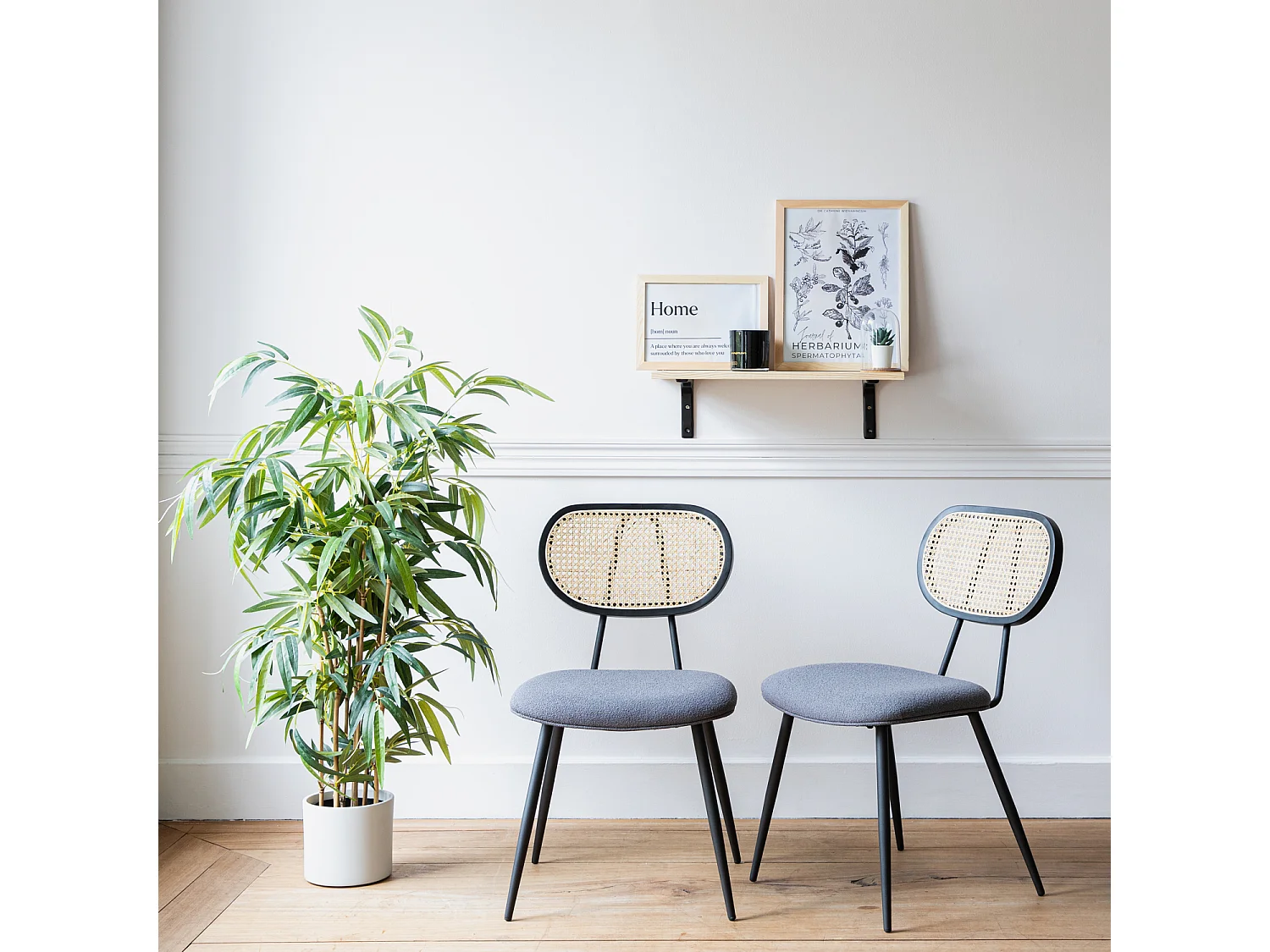 Lot de 2 chaises en cannage et tissu boucle gris ELENA - HAPPY GARDEN