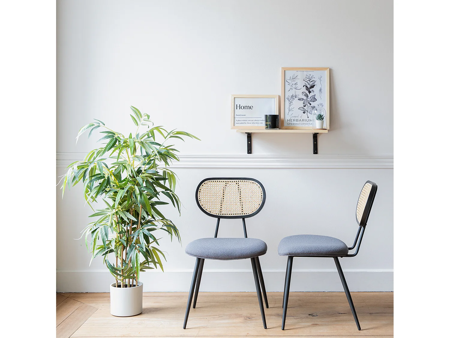 Set van 2 rieten stoelen en grijze lusstof ELENA