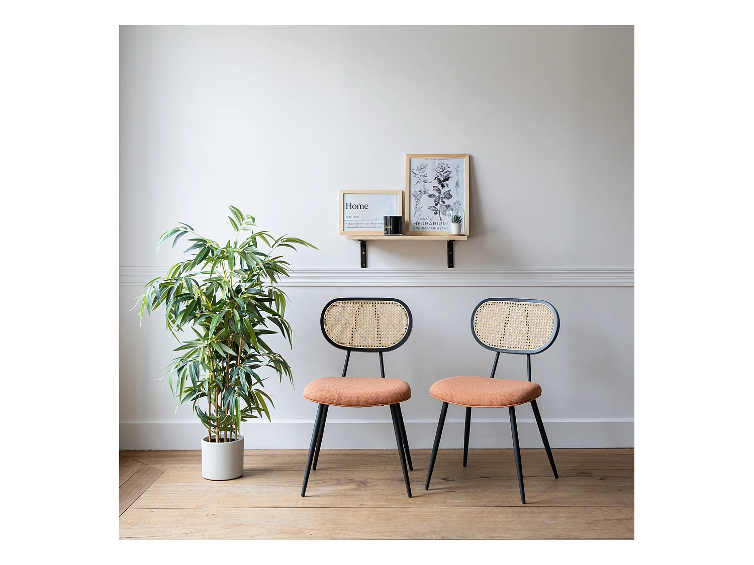 2er Set Stühlen aus Rohrgeflecht und Stoff mit rostroter Schleife ELENA