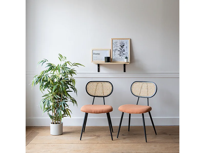 Set van 2 stoelen in riet en roestkleurige lusstof ELENA