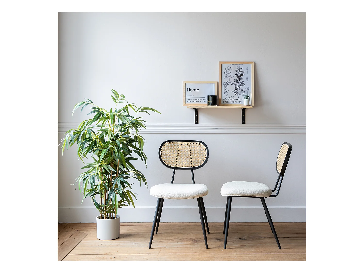 2er Set Stühlen aus Rohrgeflecht und ungebleichtem Schlingenstoff ELENA