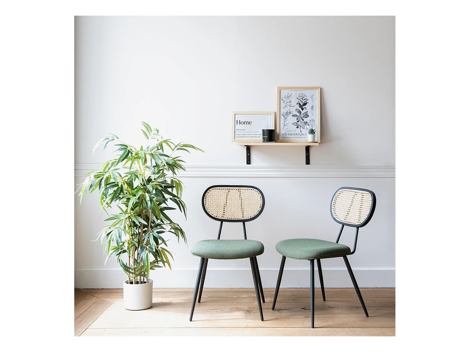 Set van 2 kaki groene riet en lus stoelen ELENA