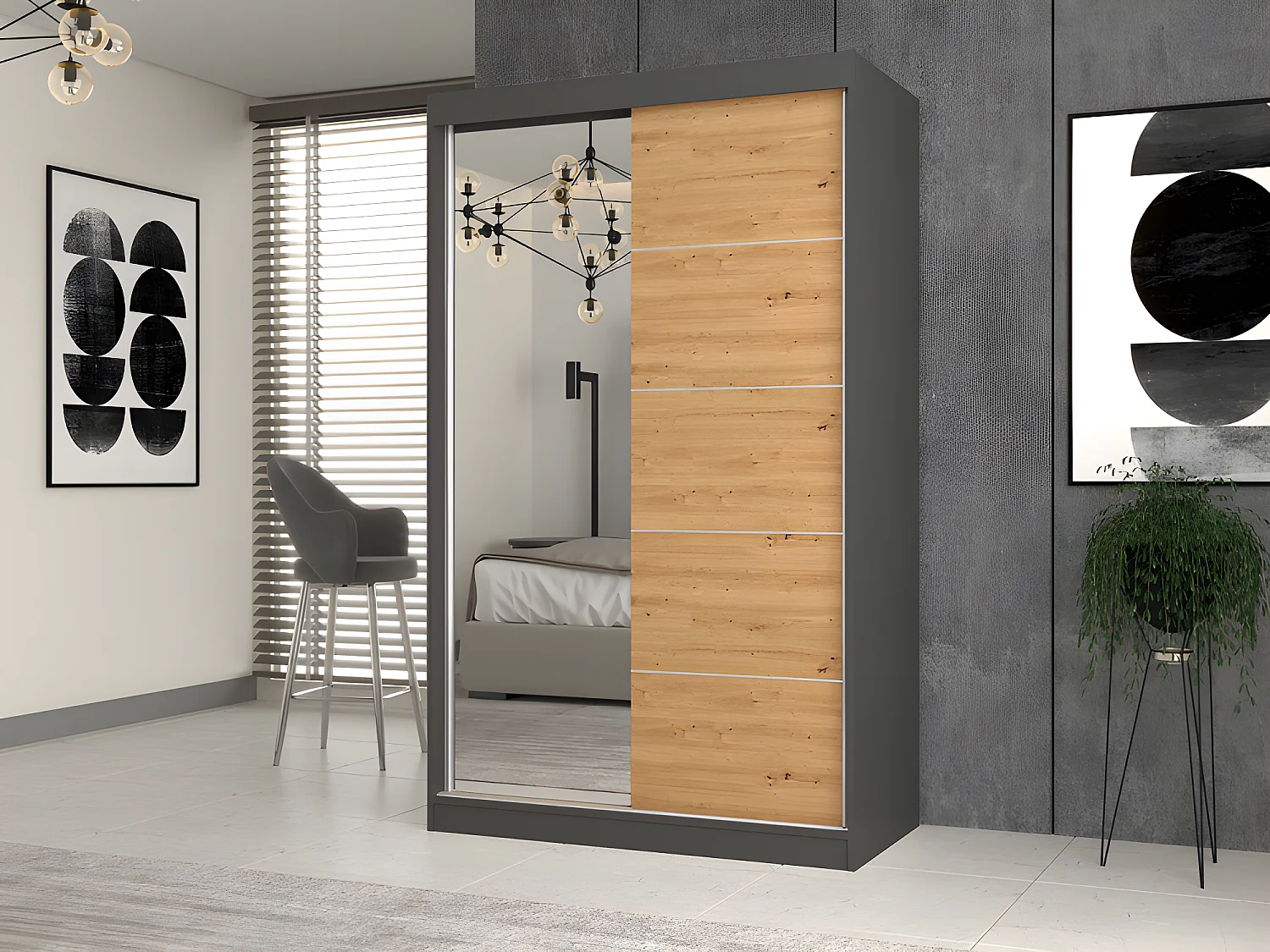 PAOLO - Schrank mit 2 Schiebetüren - 1 Spiegel - Breite 120 cm - 2-türiges Ankleidezimmer