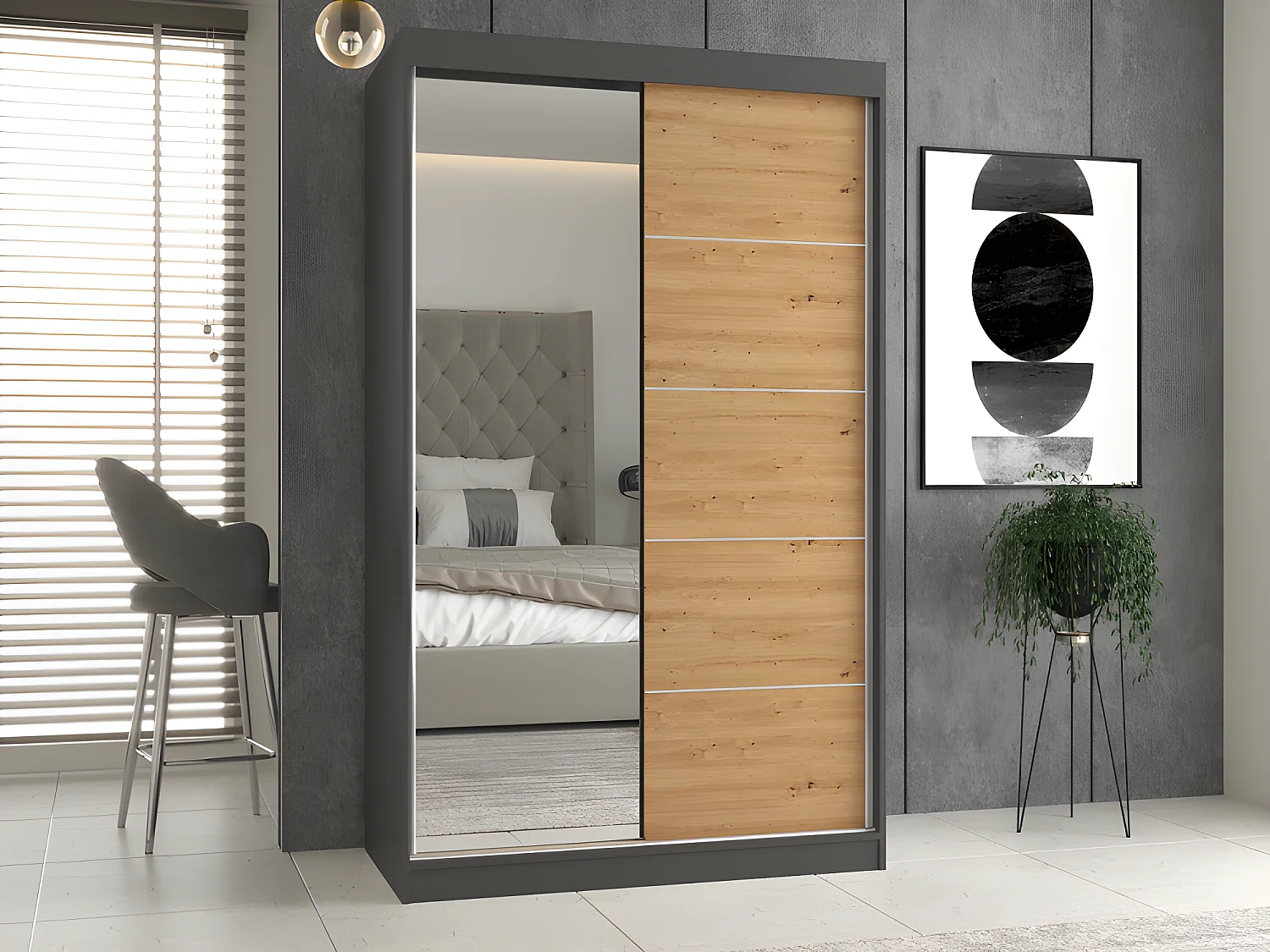 PAOLO - Schrank mit 2 Schiebetüren - 1 Spiegel - Breite 120 cm - 2-türiges Ankleidezimmer