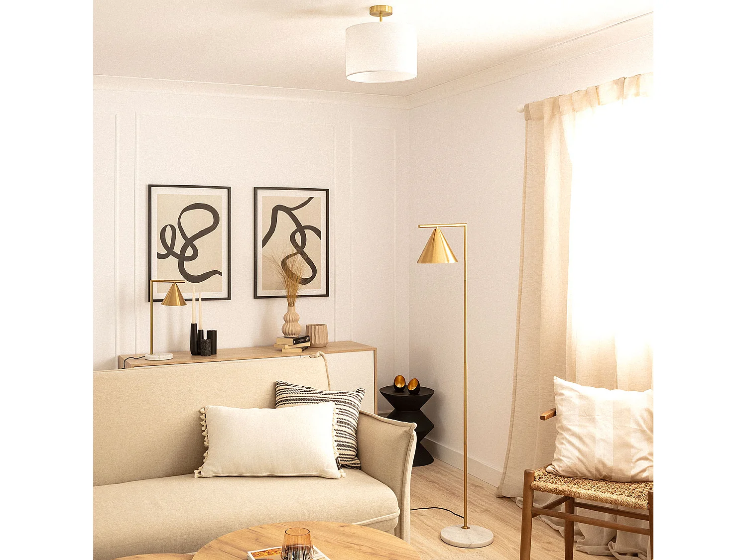 Lampadaire Marbre et Métal Tinos Doré