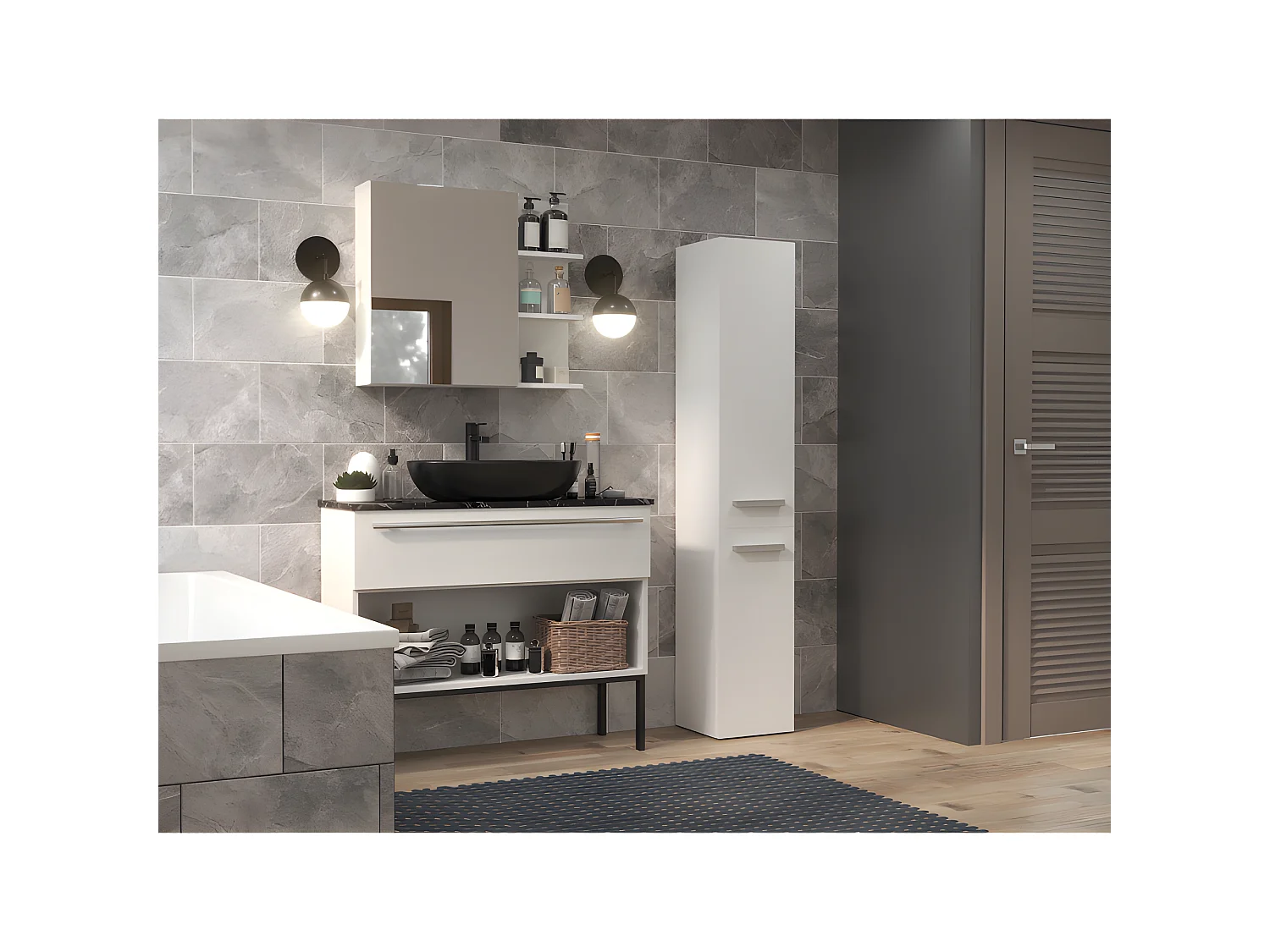 YANA - Mueble de baño con cesto de ropa - 31x30x174 cm - Columna de almacenamiento de baño