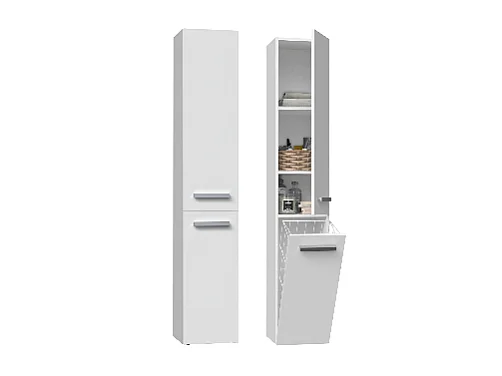 CDF Bad-Hochschrank NEL lV | Farbe: Weiß | Modernes Badregal | Stauraumschrank | Geräumige Einlegeböden | Türen | Einfache Montage | Stilvolle Griffe | Wäschekorb