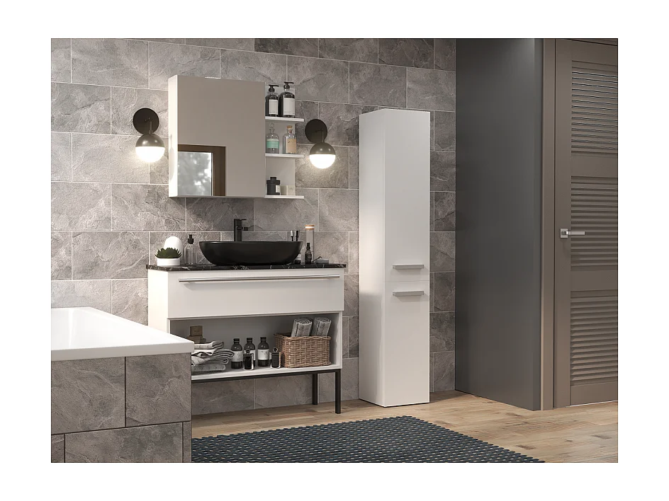 CDF Bad-Hochschrank NEL lV | Farbe: Weiß | Modernes Badregal | Stauraumschrank | Geräumige Einlegeböden | Türen | Einfache Montage | Stilvolle Griffe | Wäschekorb