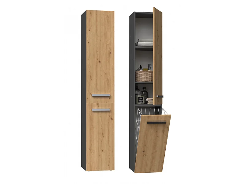YANA - Meuble salle de bain avec panier à linge - 31x30x174 cm - Colonne rangement SDB
