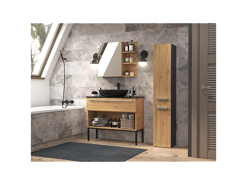 YANA - Meuble salle de bain avec panier à linge - 31x30x174 cm - Colonne rangement SDB