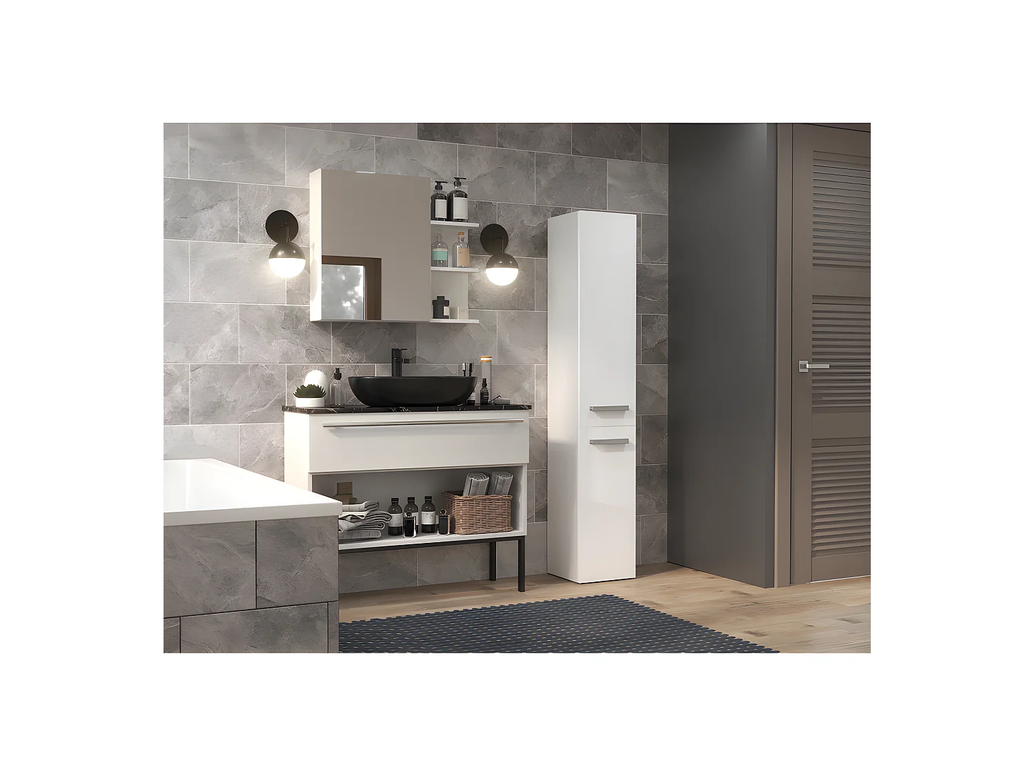 YANA - Mueble de baño con cesto de ropa - 31x30x174cm - Columna de almacenaje para baño
