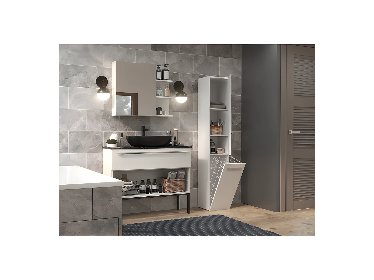 YANA - Mueble de baño con cesto de ropa - 31x30x174cm - Columna de almacenaje para baño