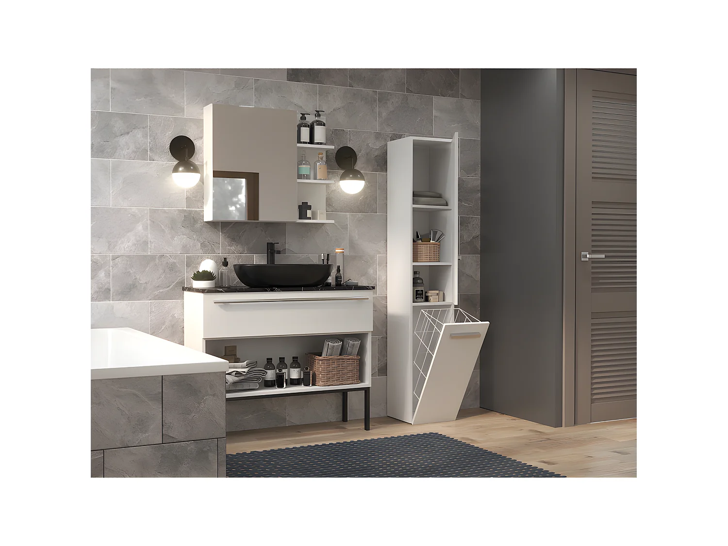 YANA - Mobile bagno con portabiancheria - 31x30x174cm - Colonna portaoggetti bagno